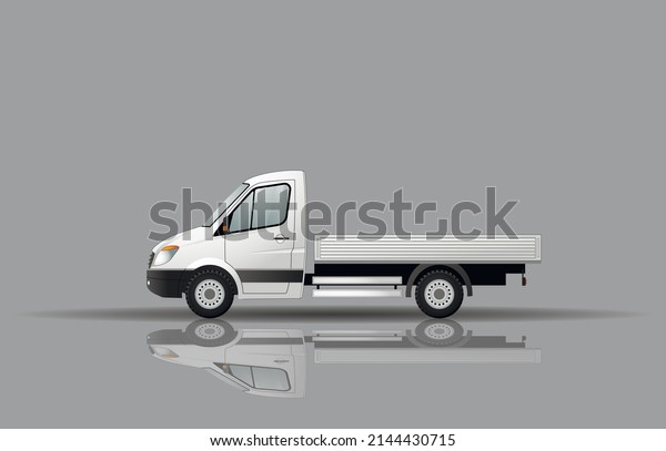 White cargo subcompact car with\
a loading platform, side view. Cargo van. Flat vector\
illustration.