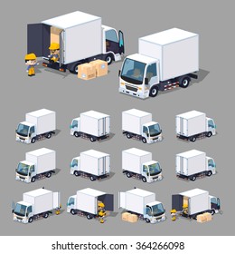 White cargo truck. 3D lowpoly isometric vector illustration. The set of objects isolated against the grey background and shown from different sides