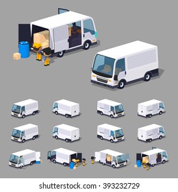 White cargo van. 3D lowpoly isometric vector illustration. The set of objects isolated against the grey background and shown from different sides