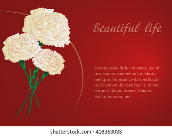 white carnations on red background. Wedding card. Invitation card, eps 10