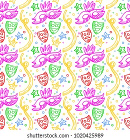 White carnival background pattern with colorful doodles of masks, confetti and stars