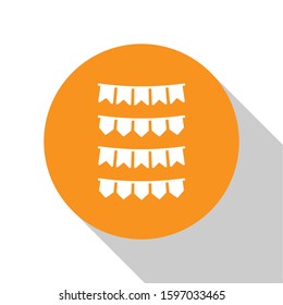 White Carnival garland with flags icon isolated on white background. Party pennants for birthday celebration, festival and fair decoration. Orange circle button. Vector Illustration