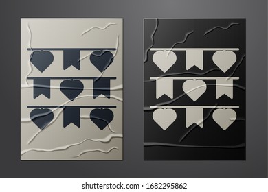 White Carnival garland with flags icon isolated on crumpled paper background. Party pennants for birthday celebration, festival decoration. Paper art style. Vector Illustration