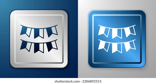 White Carnival garland with flags icon isolated on blue and grey background. Party pennants for birthday celebration, festival decoration. Silver and blue square button. Vector