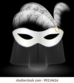white carnival half-mask and feathers