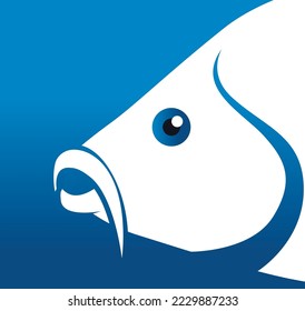 White carp with whiskers on a blue square with a blue background for the logo. The background is excluded.