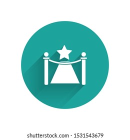 White Carpet with barriers and star icon isolated with long shadow. VIP event, luxury celebration. Celebrity party entrance. Green circle button. Vector Illustration
