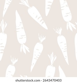White carrot vegetable pattern on beige background seamless pattern for fabric, textiles, clothing, wallpaper, cover, banner, home decor, florals backgrounds
