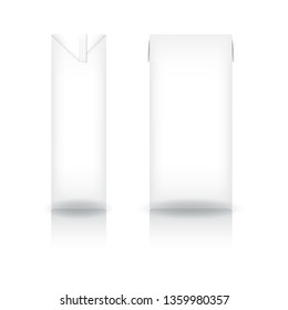 White carton box for milk, juice, coffee, tea, coconut milk or dairy product mockup (front-side view). Isolated on white background. Ready to use for beverage business. Vector illustration.