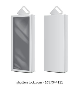 White carton boxes with plastic hanging hole. Realistic vector mockup packaging. Software box for your design