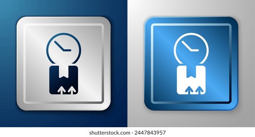 White Carton cardboard box and fast time delivery icon isolated on blue and grey background. Box, package, parcel sign. Delivery and packaging. Silver and blue square button. Vector