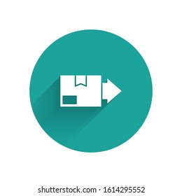 White Carton cardboard box icon isolated with long shadow. Box, package, parcel sign. Delivery and packaging. Green circle button. Vector Illustration