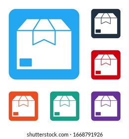 White Carton cardboard box icon isolated on white background. Box, package, parcel sign. Delivery and packaging. Set icons in color square buttons. Vector Illustration