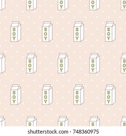 A White Carton of Soy Milk on Bright Pink Background with Dots Flat Cartoon Style Vector Seamless Pattern