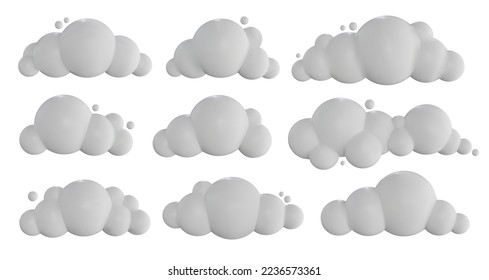 White cartoon 3D cloud. Various forms of soft and fluffy clouds. Sky vector geometric icons set