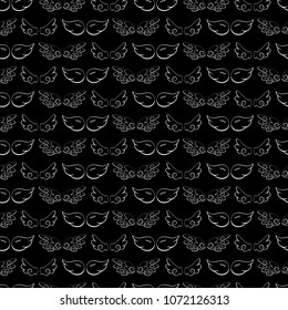 White cartoon angel wings vector seamless pattern on a black background for wallpaper, wrapping, packing, texture and backdrop.