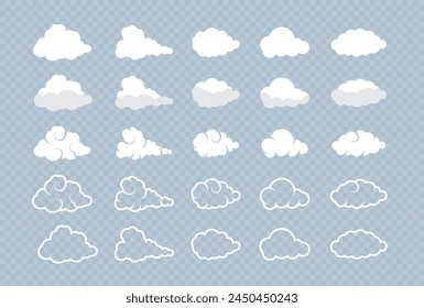 White Cartoon and Anime Clouds: Sleek Flat Design Collection with Vector Set of Cloud Shapes. Vector set clouds. White cloud collection. Vector.