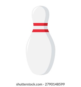 White cartoon bowling pin with red stripes sport game icon