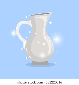 White cartoon carafe vector object with shining elements on blue background.