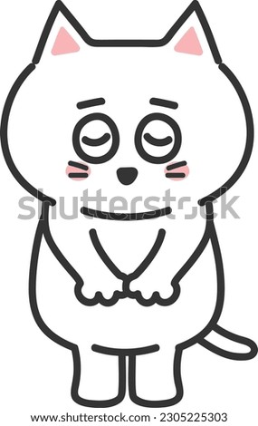 White cartoon cat apologizing to somebody, vector illustration.