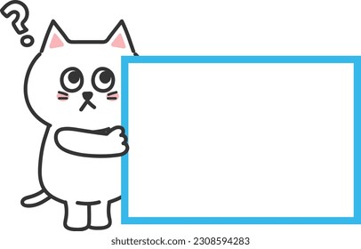 Un gato blanco de dibujos animados preguntando por algo con un signo en blanco, ilustración vectorial.