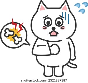 White cartoon cat broke his arm, vector illustration.