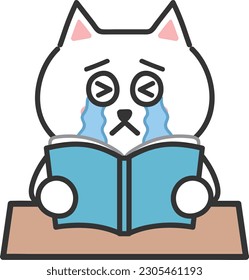 White cartoon cat burst into tears with a book, vector illustration.