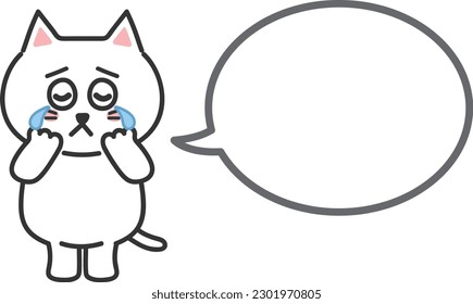 Gato de caricatura blanco llorando y hablando algo con una burbuja de habla, ilustración vectorial.
