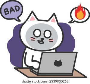 White cartoon cat doing something wrong using a computer, vector illustration.
