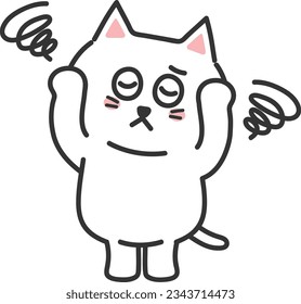 White cartoon cat feeling dizzy, vector illustration.