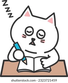 White cartoon cat fell asleep during class, vector illustration.