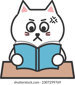 Un gato de caricatura blanco se enoja mientras lee una historia terrible, ilustración vectorial.