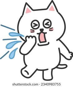 White cartoon cat giving a violent sneeze. Vector illustration.