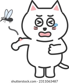 Un gato blanco de dibujos animados fue mordido por un mosquito, ilustración vectorial.