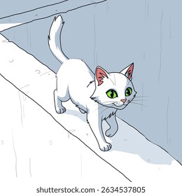 A white cartoon cat with green eyes is walking on a tall white wall.