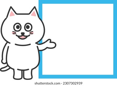 White cartoon cat guiding someone with a blank sign, vector illustration.