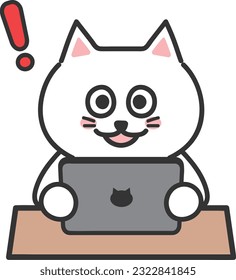 White cartoon cat is so happy to see someone at an online meeting with a tablet computer—vector illustration.