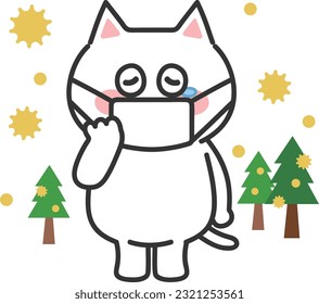 White cartoon cat has hay fever, vector illustration.
