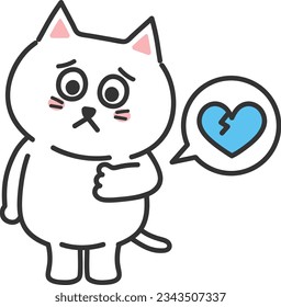 White cartoon cat has a heartache, vector illustration.