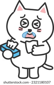 El gato blanco de dibujos animados tiene una nariz cortante con tejidos, ilustración vectorial.