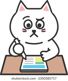 White cartoon cat having a dubious face using a tablet PC, vector illustration.