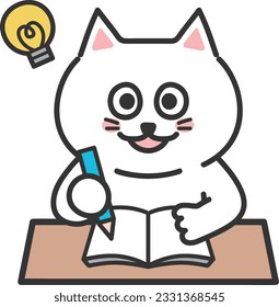 White cartoon cat having an idea while studying. Vector illustration.