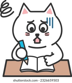White cartoon cat having trouble keeping up with the lesson, vector illustration.