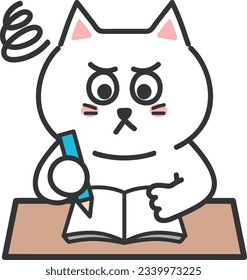 Weiße Cartoon Katze hat Schwierigkeiten, mit den Klassen Schritt zu halten, Vektorgrafik.