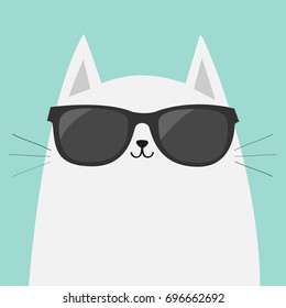 White cartoon cat or kitten wearing black sunglasses. Flat, vector design isolated on blue background.