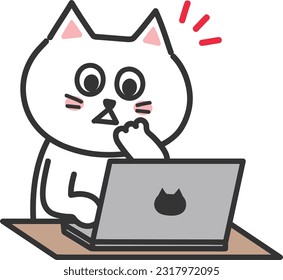 White cartoon cat noticed something while using a laptop computer, vector illustration.