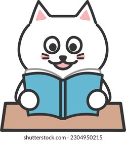 White cartoon cat pleasantly reading a book, vector illustration.