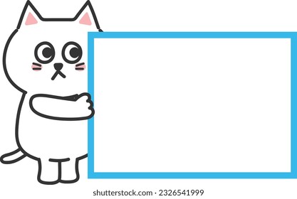 White cartoon cat posting an announcement with a blank sign, vector illustration.