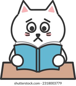 White cartoon cat reading a sad story, vector illustration.