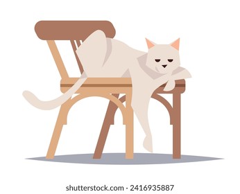 White cartoon cat resting on chair with its paw and tail hanging down. Flat vector illustration